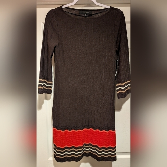 Nine West NWT $119 Women's Truffle Brown Striped Ribbed 3/4 Sleeve Dress Size M - Picture 1 of 15